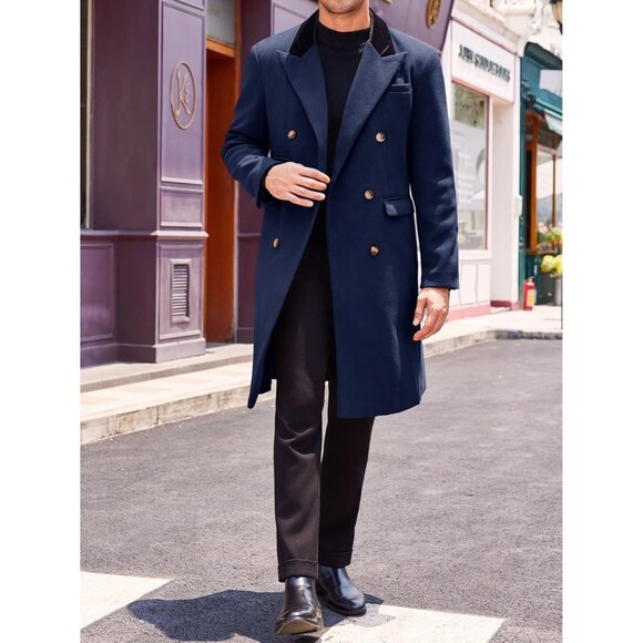 💫 Men Blue Long Trench Coat Lapel Double Breasted Casual Winter Warm Pea Coat - Picture 4 of 5